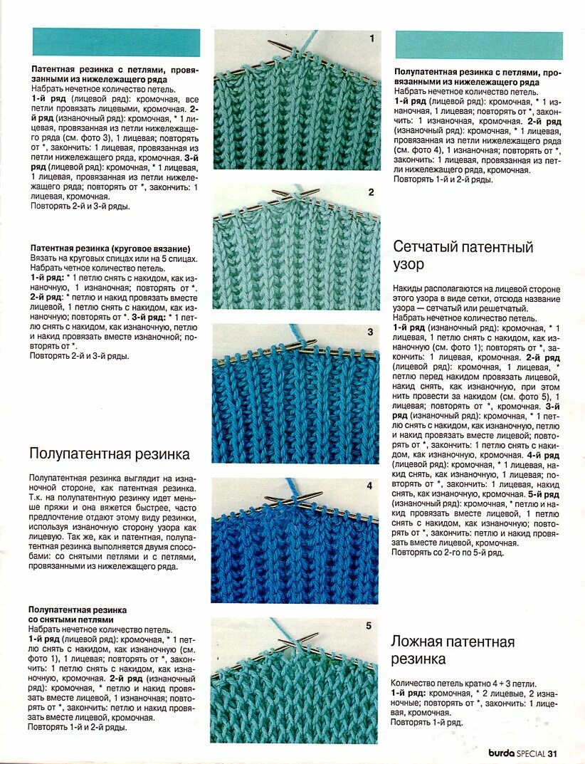 Полупатентная резинка спицами схема Патентные узоры и резинки для вязания изделий спицами. Схемы. Вязание для Вас Дз