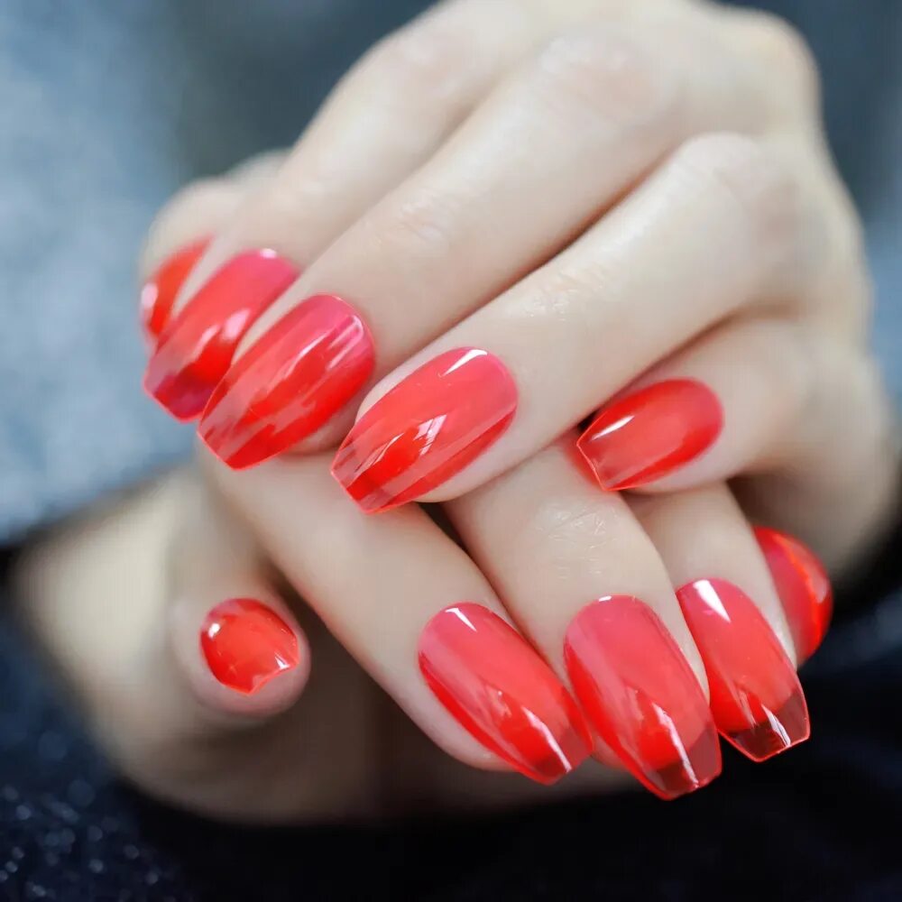 Полупрозрачный красный маникюр Clear Red Coffin Ballerina False Nails Women Uv Fake Nail Square Top Press On Na