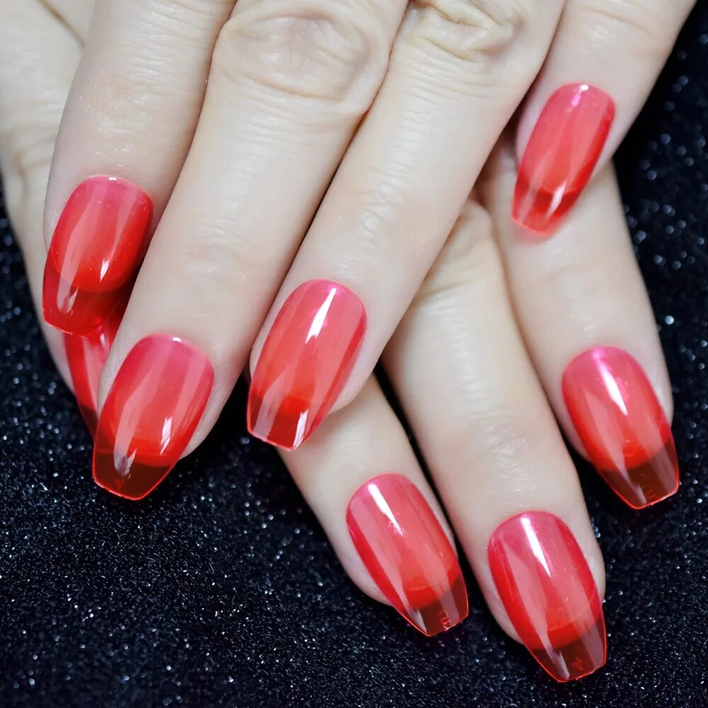 Полупрозрачный красный маникюр Transparent Coffin Nail Tips Red Jelly False Nails Size Shiny Candy Lady Nail De