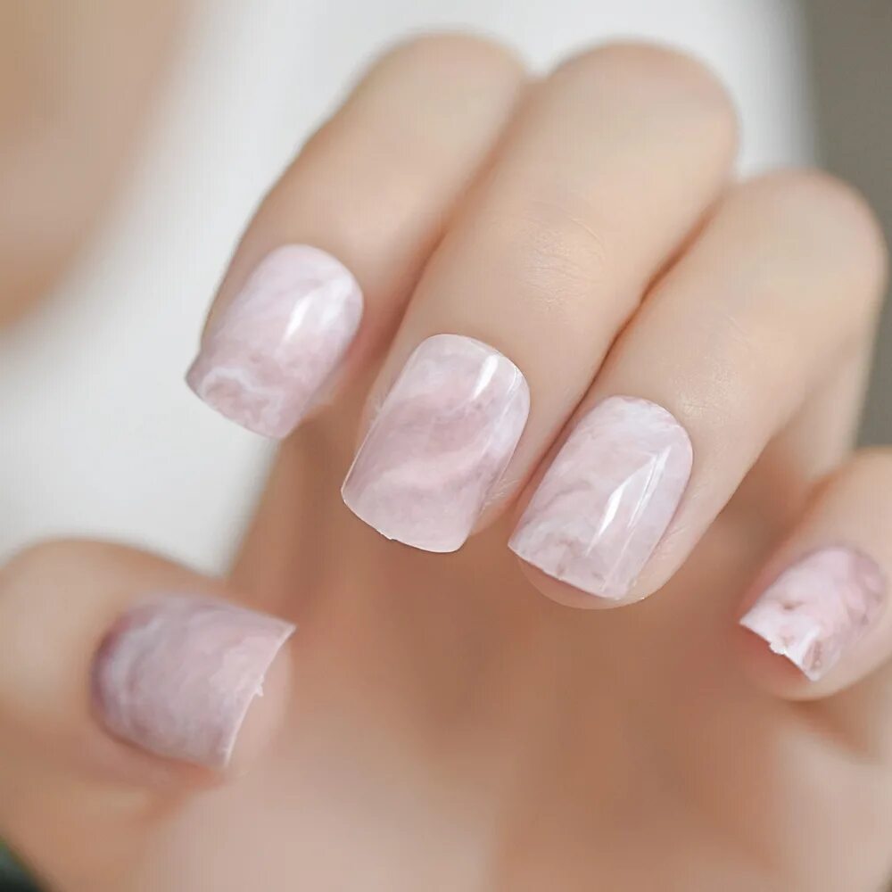 Полупрозрачный маникюр на короткие квадратные ногти Pink Marble Square Fake Nails Glossy Short Stone Pattern Ladies Falsies Wholesal