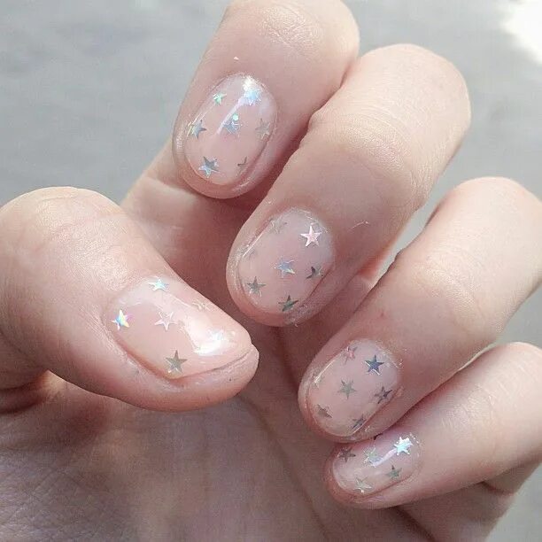 Полупрозрачный маникюр на короткие ногти Cosmic Fun nails, Star nails, Manicure