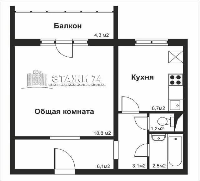 Полуторка квартира планировка Квартира, 1 комната, 40.9 м² - купить в Кыштыме, цена 1 550 000 руб., продано 8 