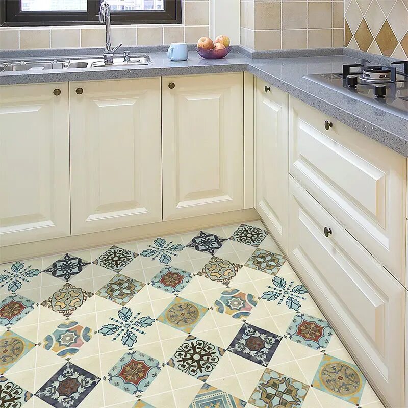 Полы на маленькой кухне плитка фото European-style Retro Kitchen Floor Tile Renovation Sticker Self-adhesive Waterpr