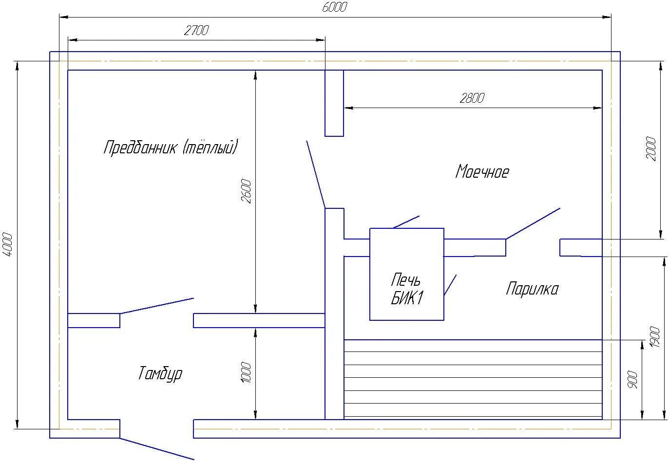 Помещение бани чертежи План бани 6х4