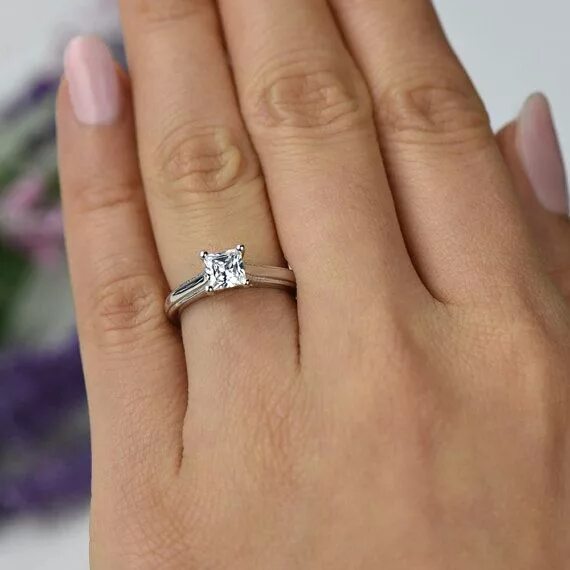 Помолвочное кольцо фото 3/4 ct Princess Solitaire Ring, Engagement Ring, Man Made Diamond Simulant, Wide