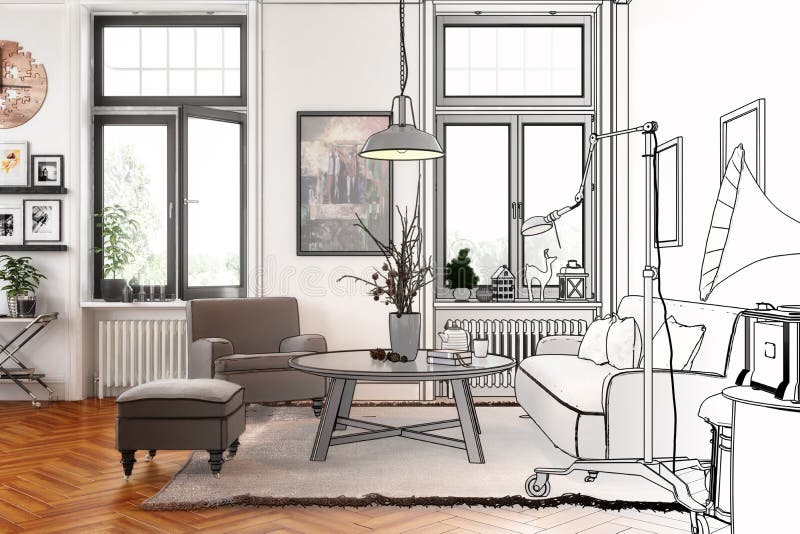 Помощник дизайнера интерьера спб Modern Retro Style Apartment Drawing Stock Illustration - Illustration of design