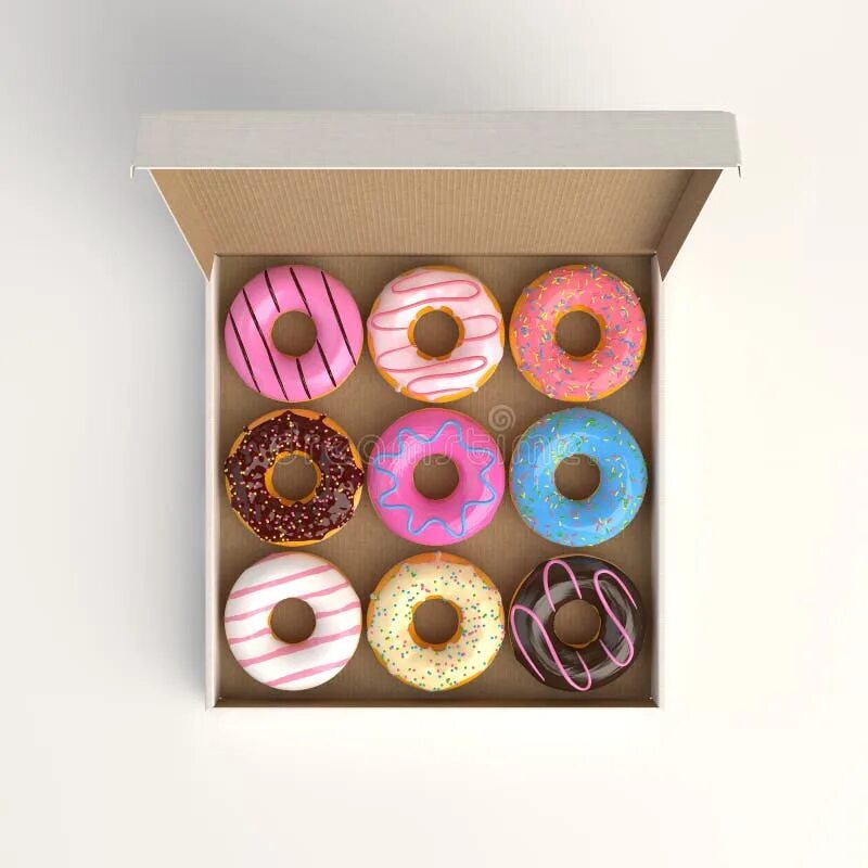 Пончики в коробке фото Donut Box Isolated on White Background 3d-illustration Top View Stock Image - Im