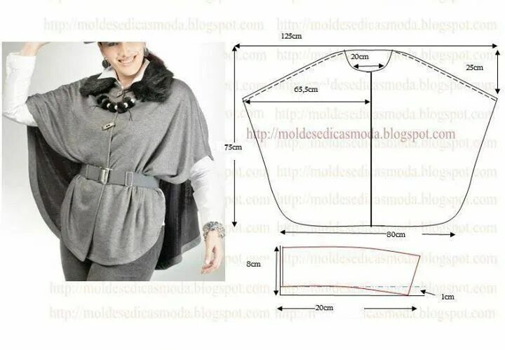 Пончо из трикотажной ткани фото и выкройки Capa gris Confecção de vestuário, Padrões de vestuário, Costura fashion