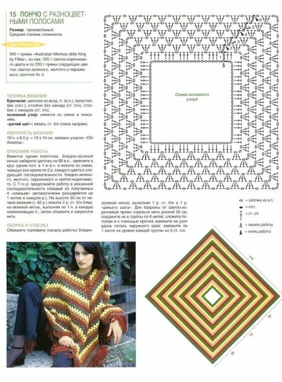 Пончо крючком со схемами из бабушкиного квадрата gráfico com receita Tricô e crochê, Poncho de crochê, Diagrama de crochê