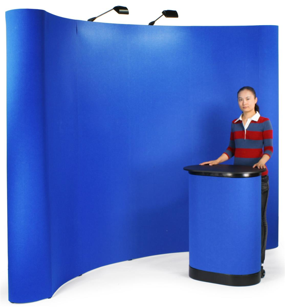 Поп ап фото 10' Curved Pop Up Display w/ Hook-and-Loop Fabric, Counter & 2 Spotlights - Blue