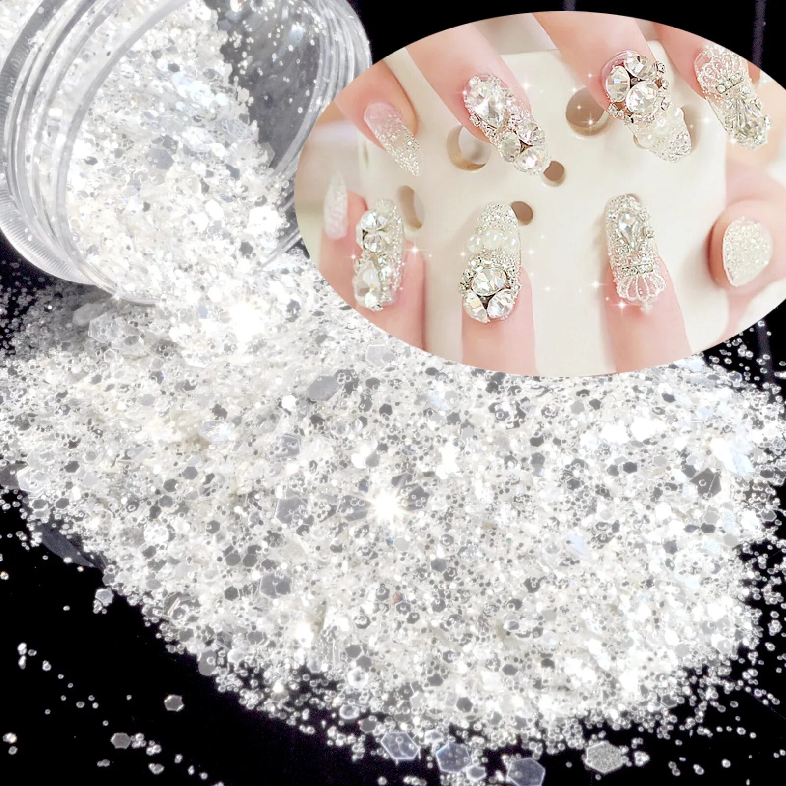 Порошковый маникюр фото Nail Glitter Tips Shiny Pure Silver Plated Glitter Sequin Powder White 0.2mm & 1