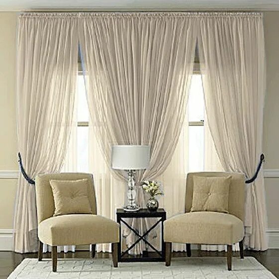 Портьера в интерьере гостиной Splendor Semi Sheer Batiste Rod Pocket Panel in Beige Living room windows, Styli