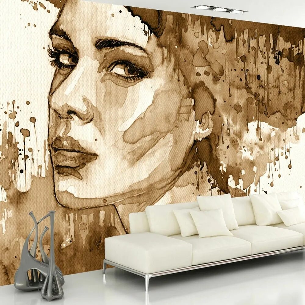 Портрет на стене в интерьере Wallpaper - Female Portrait (Sepia) - 3D Wallpaper Murals UK 3d wallpaper mural,