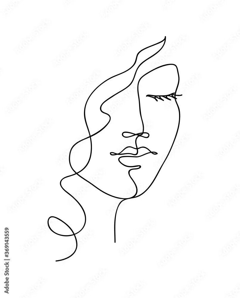 Портрет одной линией онлайн по фото бесплатно Abstract woman face with wavy hair. Black and white hand drawn line art. Outline