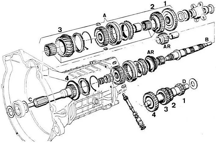 Порядок разборки коробки передач Details of the shafts of a four-speed gearbox manufactured before August 1977 (B