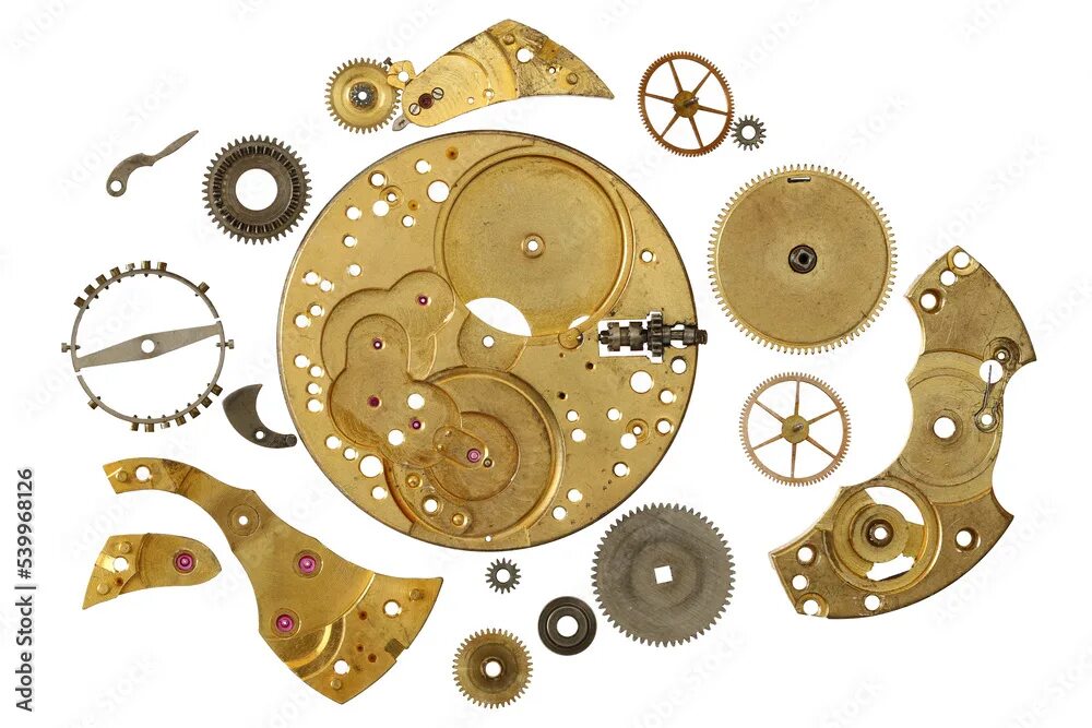 Порядок разборки механизмов Disassembled clockwork mechanism - various part of clockwork mechanism on transp