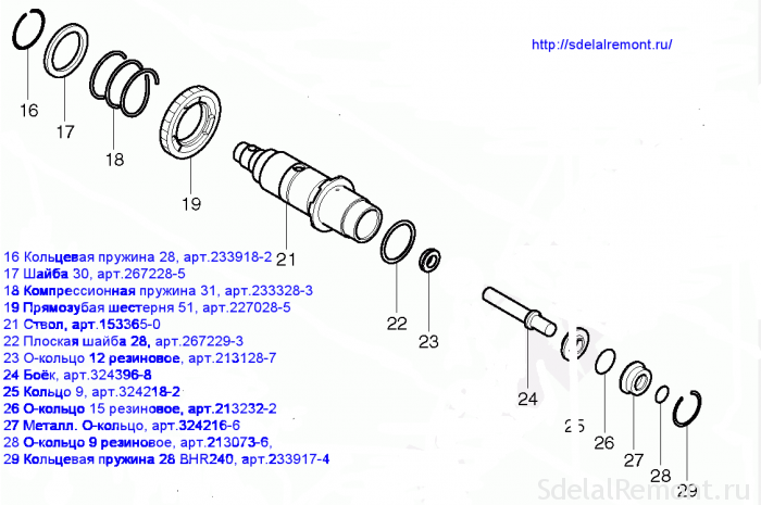 Порядок разборки перфоратора макита Self-repairing stem Makita rotary hammer with a selection of spare parts