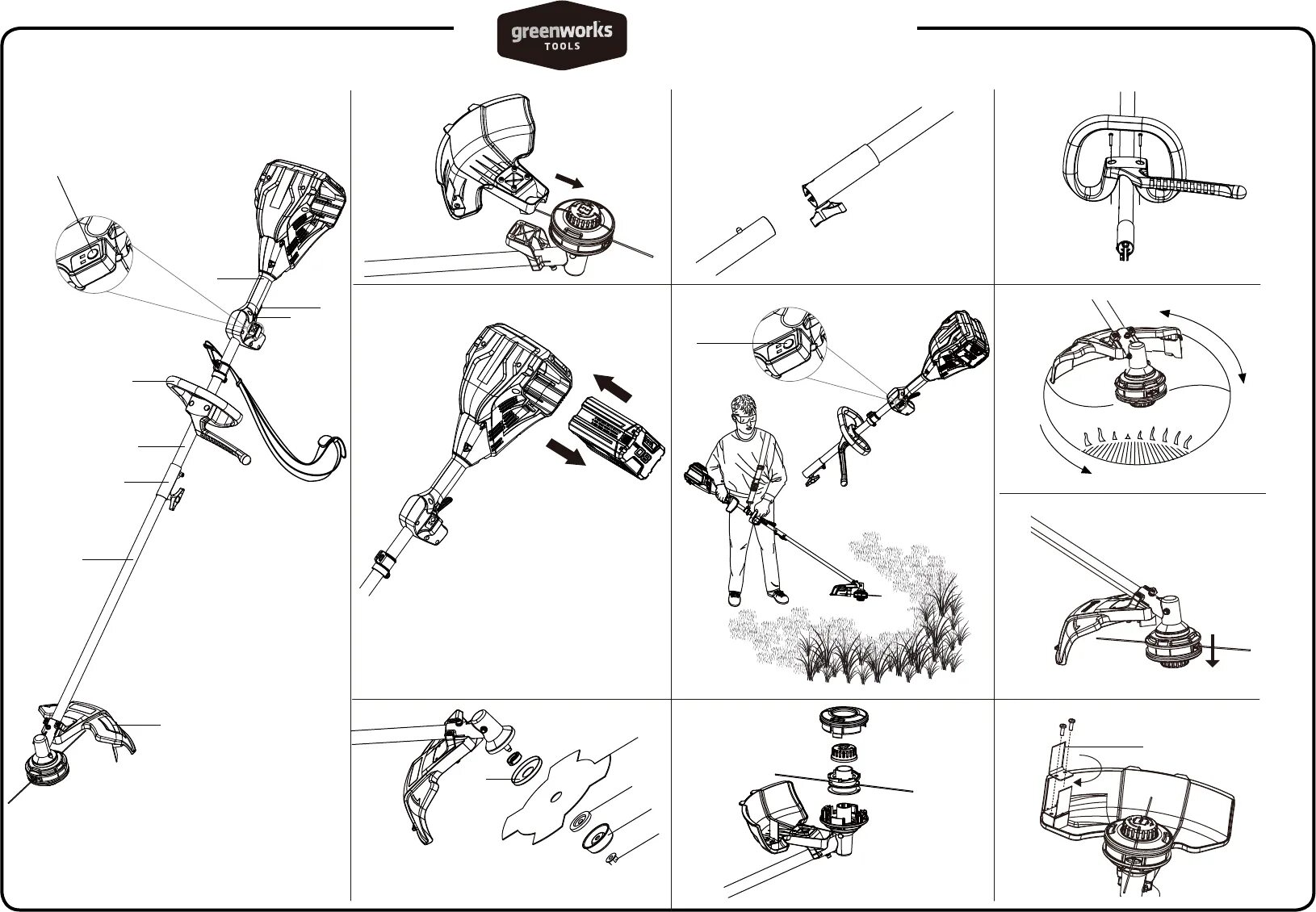 Порядок сборки аккумуляторного триммера Manual Greenworks 2100607 - 80V Pro (page 123 of 279) (All languages)