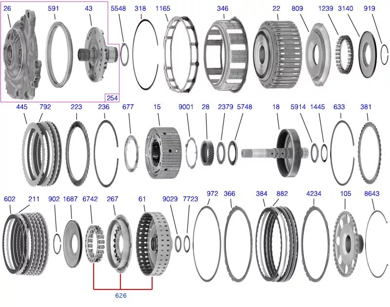 Порядок сборки акпп Схема АКПП 09G, 09K, TF60SN, TF62SN, GA6F21WA Pump/Drums - полная техническая сх