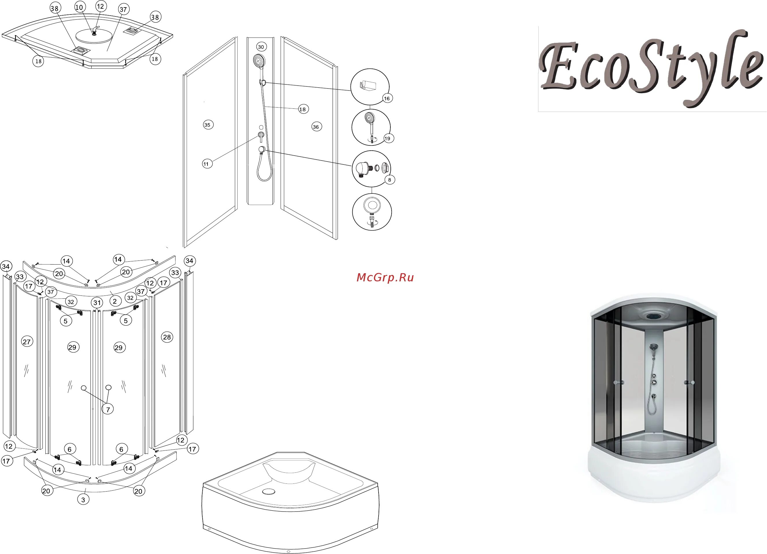 Порядок сборки душа ARCUS ECOSTYLE ES-322W Инструкция по монтажу и эксплуатации онлайн