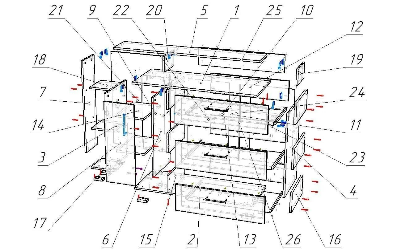 Порядок сборки комода грация Схема сборки комода 4 ящика