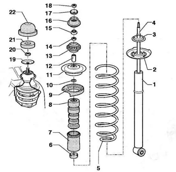 Порядок сборки передней стойки Volkswagen Polo 1995-2003: Shock absorber strut Classic, Estate (Chassis / Rear 