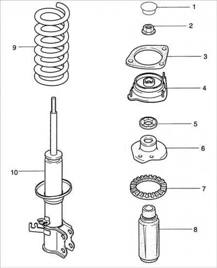 Порядок сборки передней стойки Front suspension strut - removal, inspection and installation (Kia Rio 1 2000-20