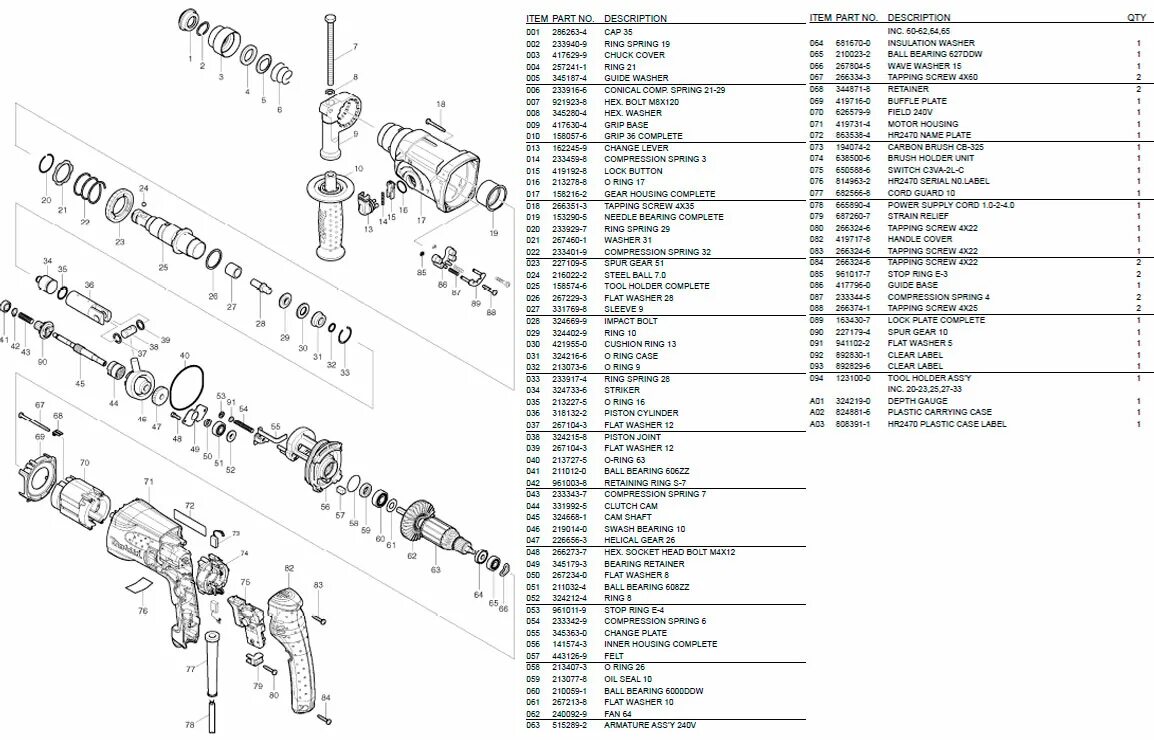 Порядок сборки перфоратора Запчастини перфораторів Makita HR2470 - купити в інтернет-магазині