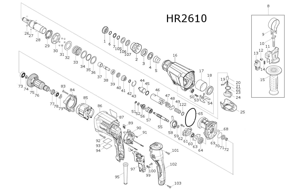 Порядок сборки перфоратора Деталировка hr2470: найдено 88 изображений