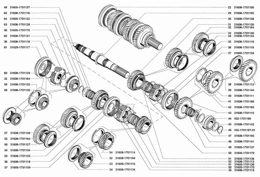 Порядок сборки шестерен кпп 3302 Коробка передач в сборе УАЗ-31519 (Чертеж № 89: список деталей, стоимость запчас