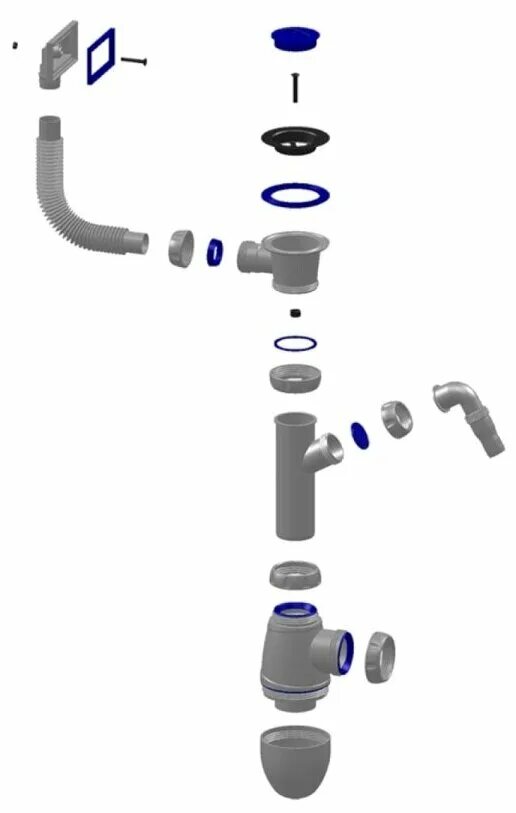 Порядок сборки сифона B442V Сифон для кухни 1.1/2" х 40 (нерж. вып, отвод для стир. маш, прям. пер)уни