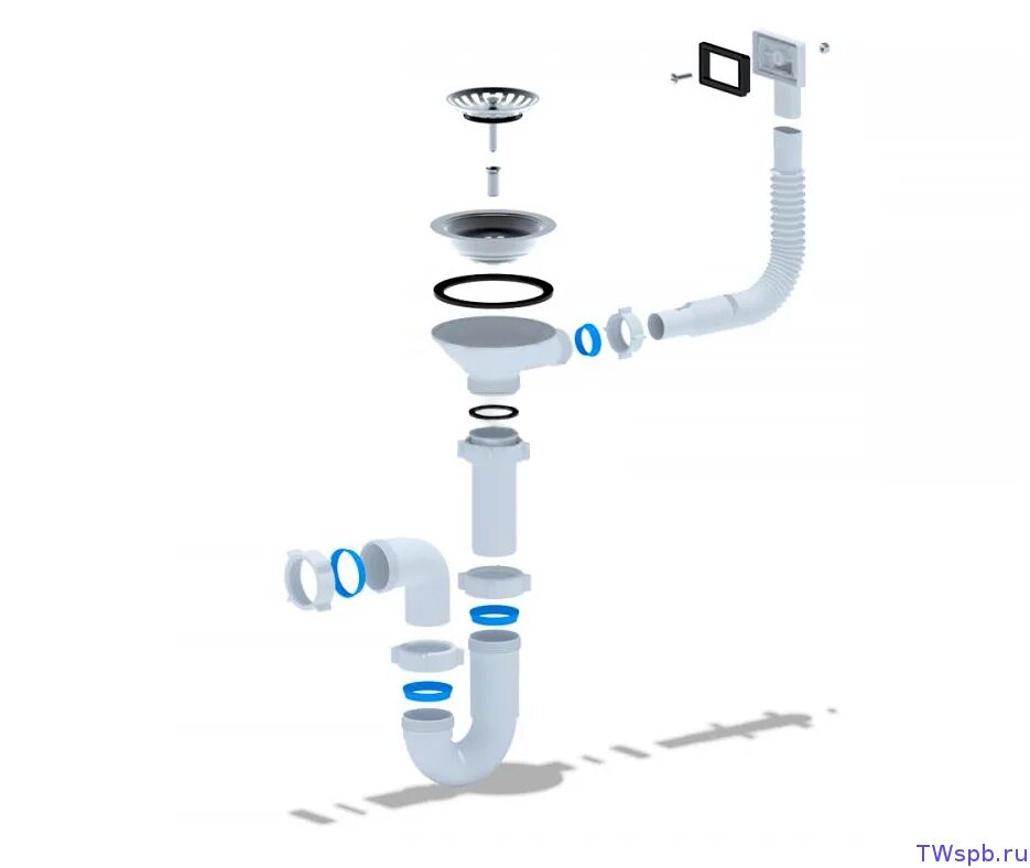 Порядок сборки сифона для раковины D0145S Сифон с прямоугольным переливом для мойки - T-WAY