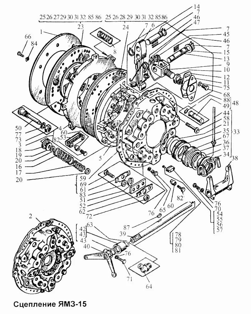 Порядок сборки сцепления ямз 238 Сцепление ЯМЗ-15 Общий (см. мод-ции) (Чертеж № 65: список деталей, стоимость зап