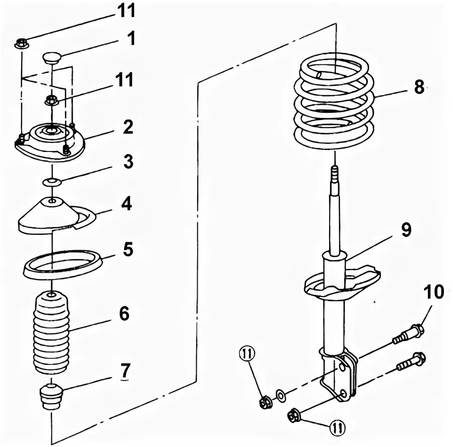 Порядок сборки стойки Руководство по ремонту Subaru Legacy (Субару Легаси) 1990-1998 г.в. 11.3.6 Ремон