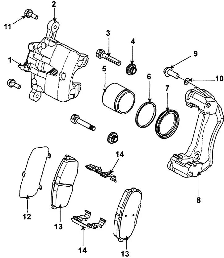 Порядок сборки суппорта Elements of the front brake caliper (Kia Ceed 1 2006-2012: Chassis: Brake system