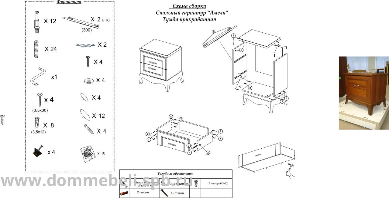 Порядок сборки тумбы Тумба прикроватная Амели (Ярцево) - купить в интернет-магазине "Мебель на дом", 