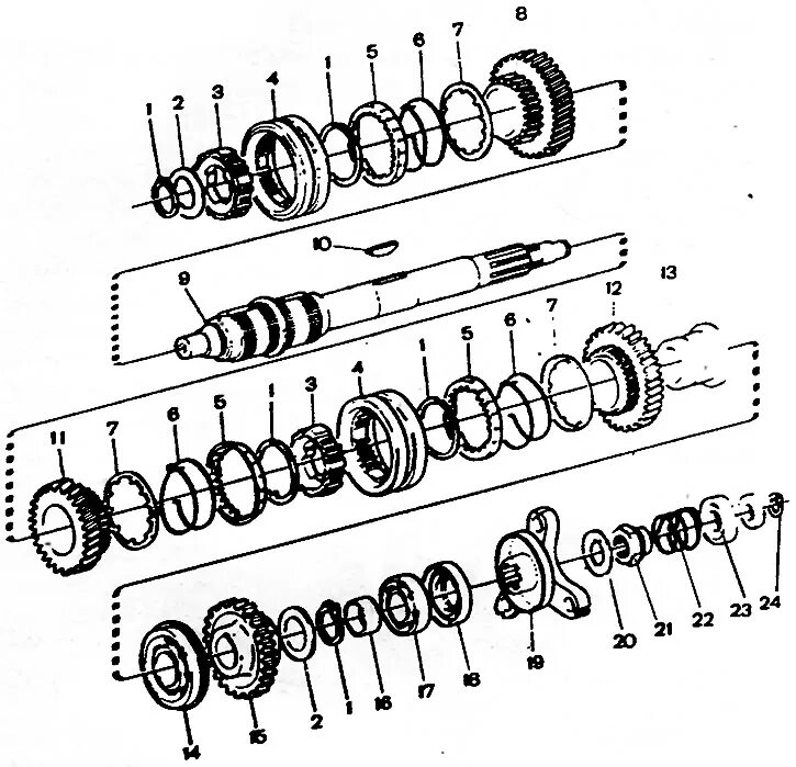 Порядок сборки вала Disassembly and assembly of the gearbox (VAZ-2121 "Niva" 1977-1994 / Transmissio