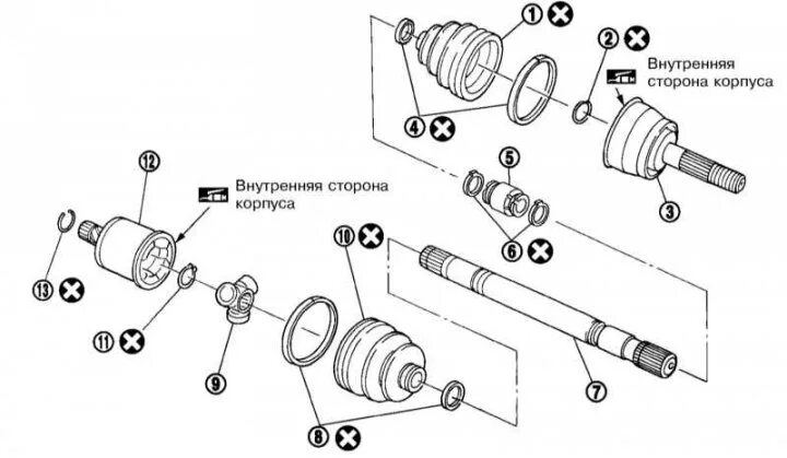 Порядок сборки внутреннего шруса Disassembly and assembly of drive shafts (Nissan Micra 3, Micra K12, petrol, 200