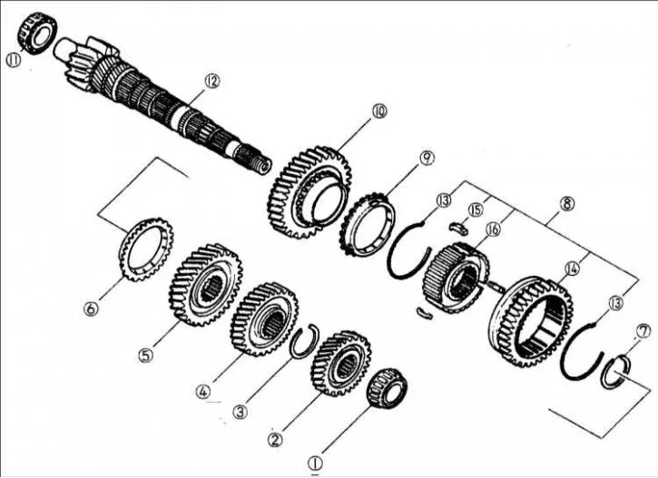 Порядок сборки вторичного вала Dismantling of a secondary shaft of a transmission (Kia Clarus 1995-2001: Transm