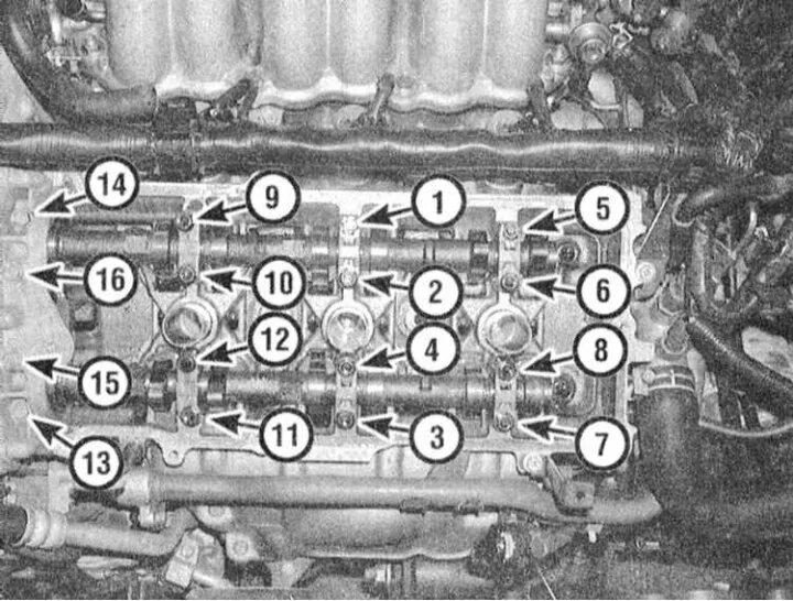 Порядок затяжки болтов гбц киа спектра Зняцце і ўстаноўка размеркавальных валаў і штурхачоў клапанаў (Нісан Максіма 4 A
