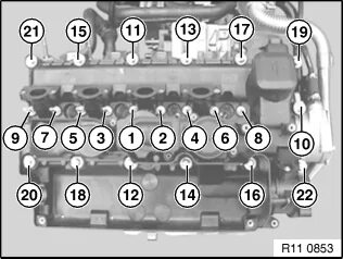 Порядок затяжки болтов клапанной крышки м57 11 12 000 Removing and installing/sealing the cylinder head cover (M47TU / M47T2