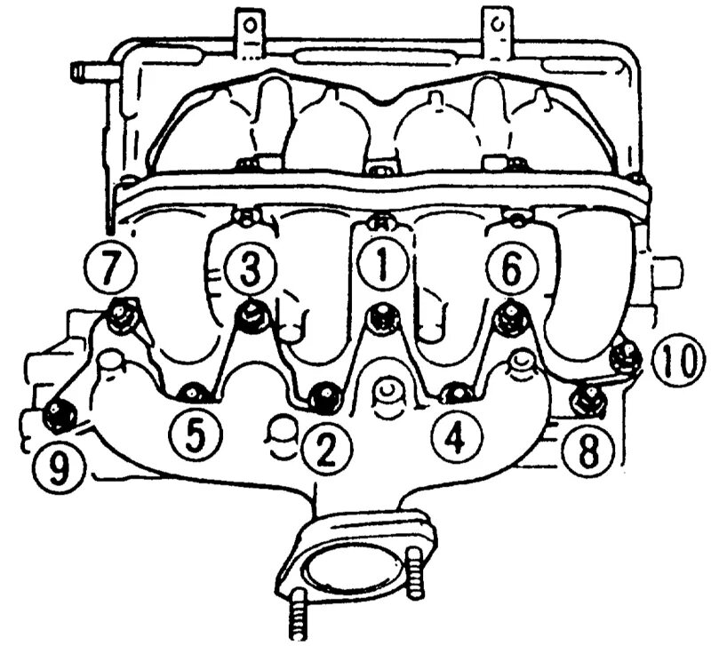 Порядок затяжки болтов впускного коллектора Ремонт Мазда 323 : Подтягивание болтов впускного и выпускного коллекторов Mazda 