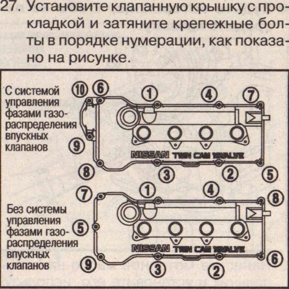 Порядок затяжки клапанной крышки Замена прокладки клапанной крышки - Nissan Primera Wagon (W11), 1,8 л, 1999 года