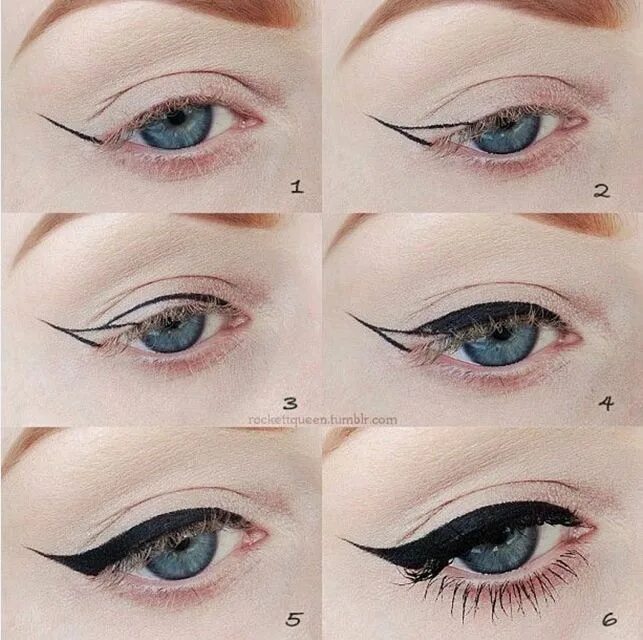 Пошагово фото стрелок для глаз Amazing winged cat-eye on blue eyes. I found this makeup at Beauty.com. #vintage