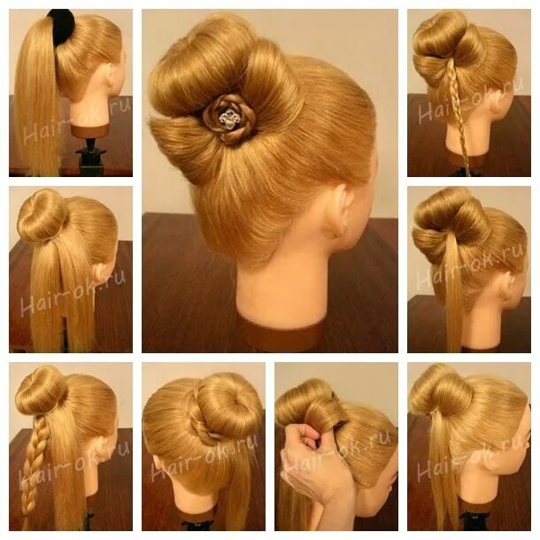 Пошаговые фото причесок Wonderful DIY Bun with Cute Rose Bow Hairstyle Bow hairstyle, Diy hairstyles, Ha