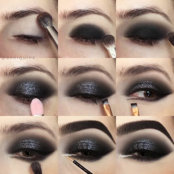 Пошаговый макияж глаз фото Glittering Black Smokey Eye Makeup Tutorial