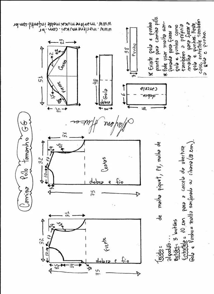 Пошив выкройка Esquema de modelagem de camisa pólo masculina tamanho GG. T shirt sewing pattern