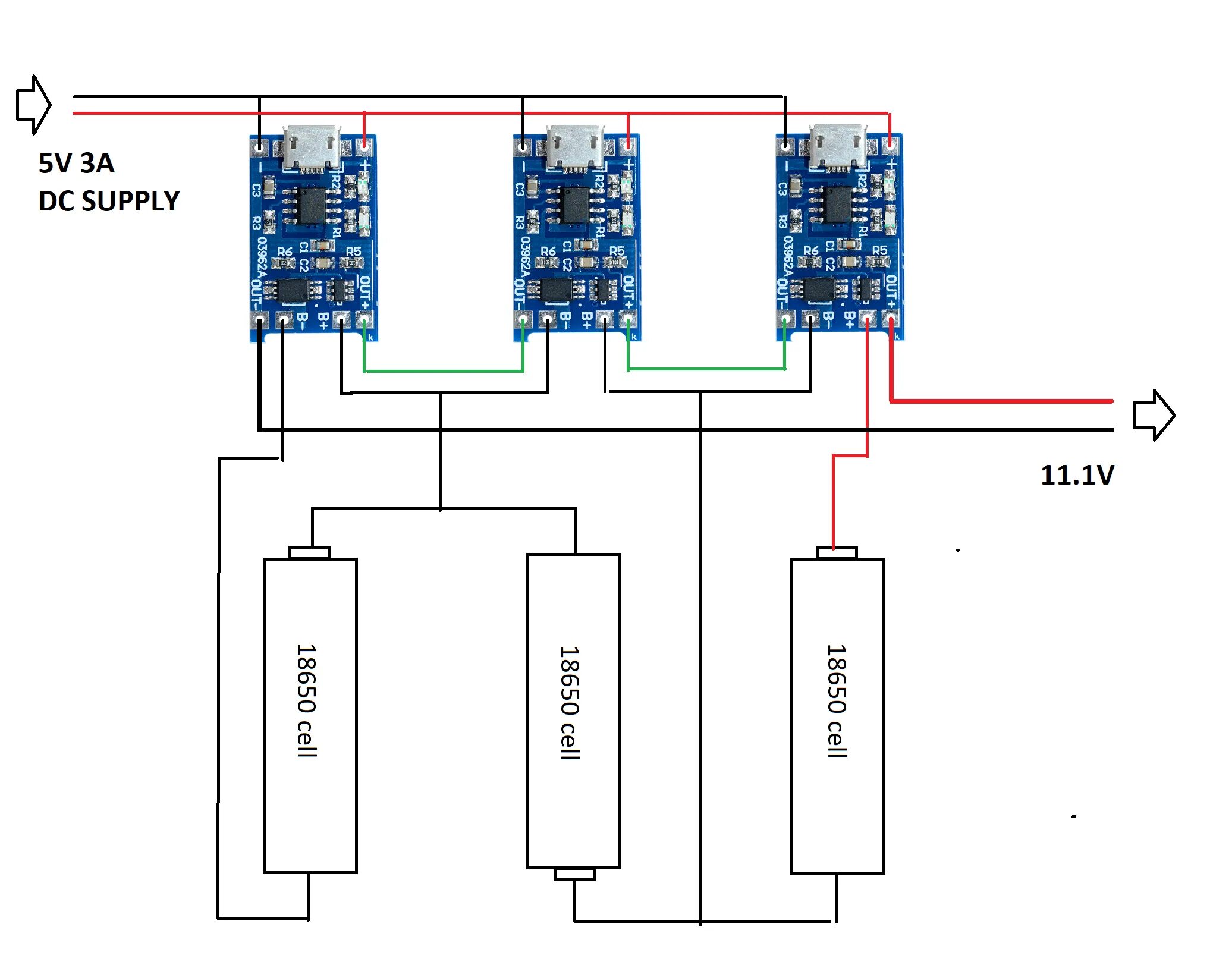 Последовательная электрическая схема series charging three 18650 batteries with three chargers off the same 5V supply