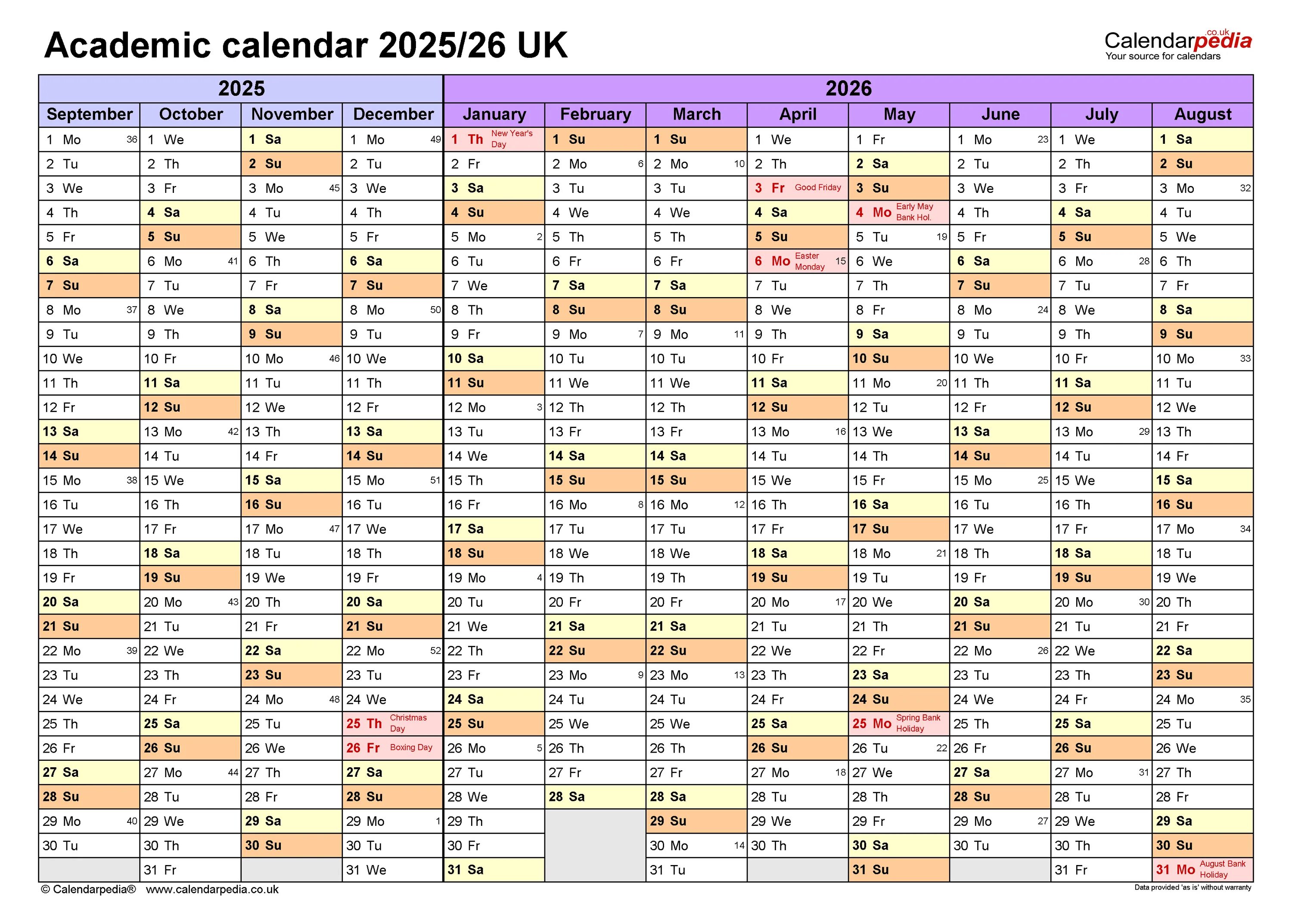 Посменный календарь на 2025 год Academic calendars 2025/26 UK - free printable PDF templates