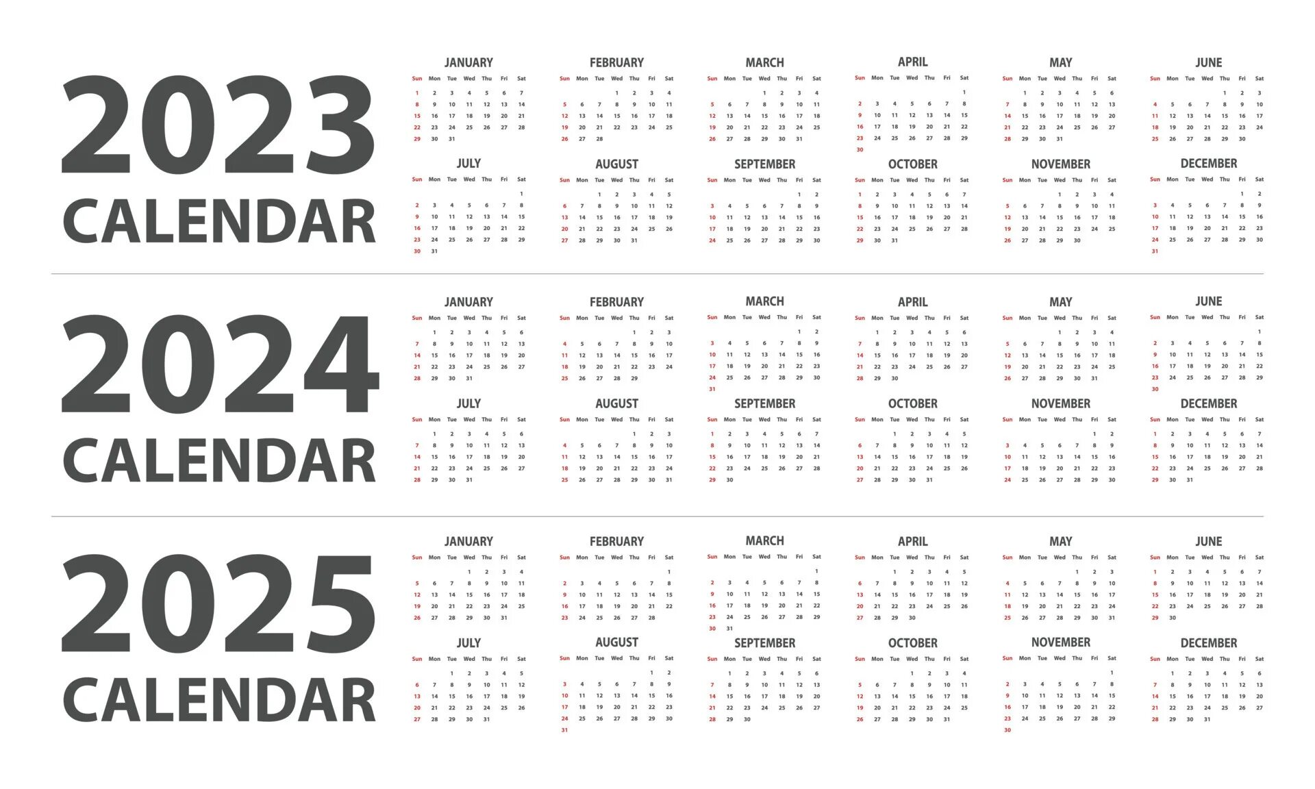 Посменный календарь на 2025 год 2023, 2024, 2025 calendar vector illustration. Simple classic monthly calendar f